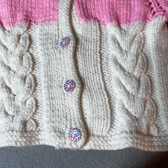 Hand Knit Baby Girl Sweater Cardigan 6-12 months (22"‎ Chest) Pink White Button - Picture 3 of 7